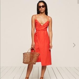 Reformation Cruz Linen Blend Red Wrap Dress